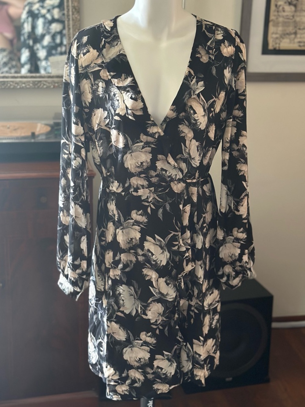 Astr Black Wrap midi Dress with Cream Floral Print